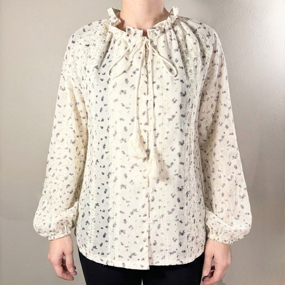 Knox Rose Tops - Knox Rose Boho Floral Embroidered Lace Peasant Top Cream Purple Tassel Tie Sz S